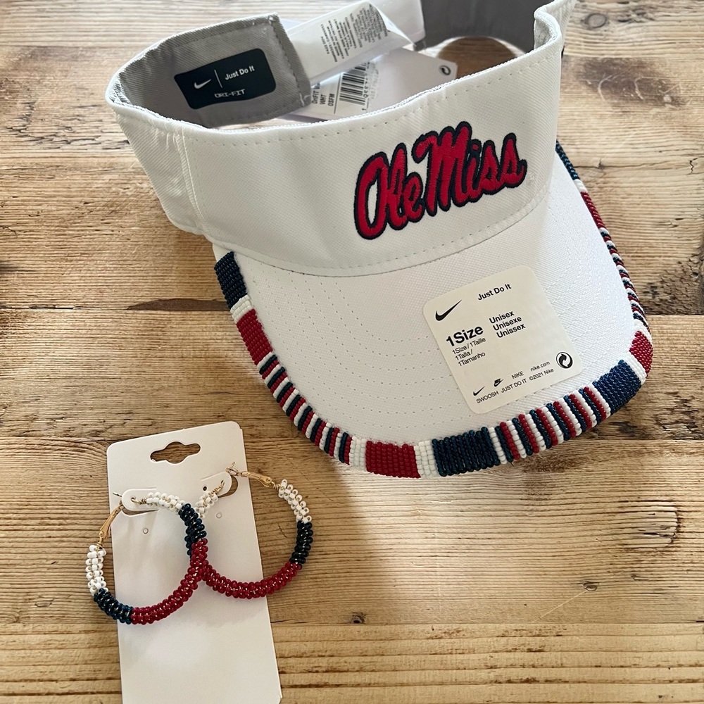 Nike Ole Miss hand beaded cap with matching earrings! Hoops are hypoallergenic